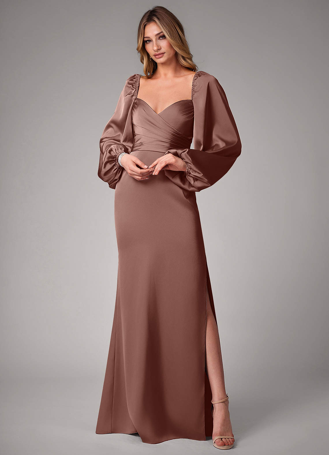 Azazie Sonata Bridesmaid Dresses Espresso Sheath Long Sleeve Stretch Satin Convertible Dress image1