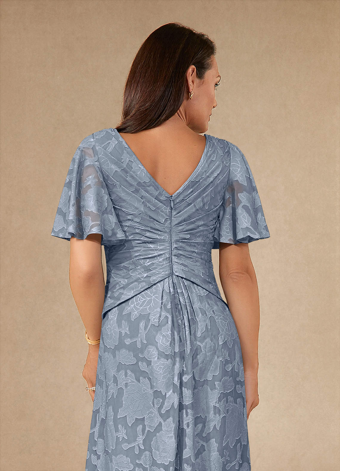 Azazie Emmeline Mother of the Bride Dresses Dusty Blue A-Line Pleated Floral Burnout Dress image5