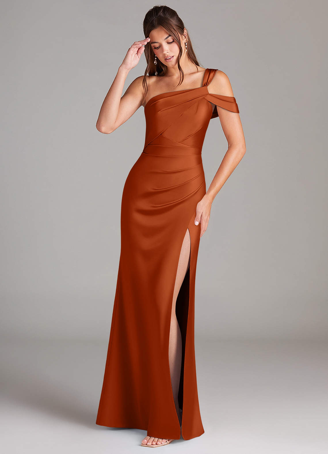 one shoulder burnt orange bridesmaid dress Azazie Wynter