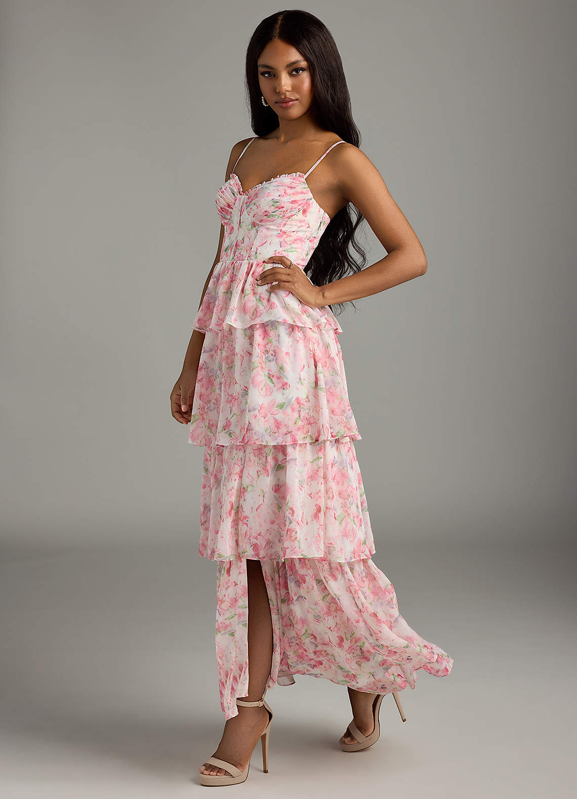 パーティードレス Azalea Tiered Ruffle Silk Dress Azazie Kaiden Abstract Watercolor Floral Bridesmaid Dresses