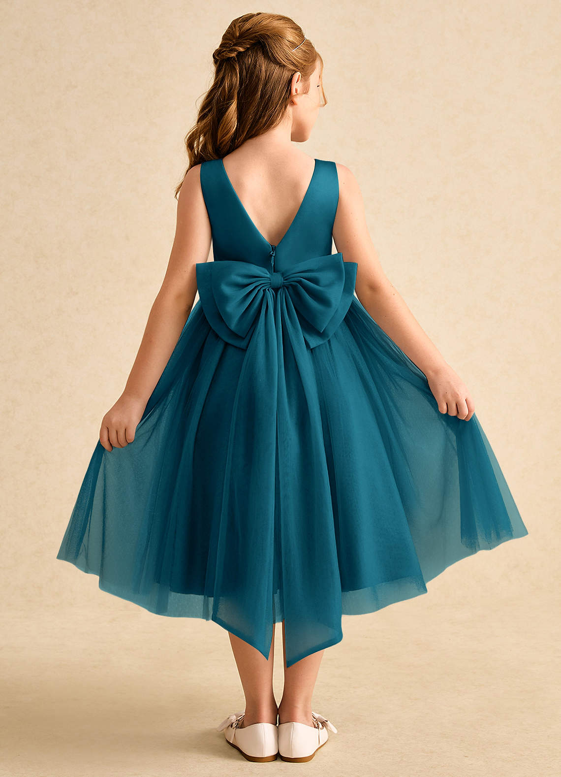 Azazie Winnie Flower Girl Dresses Ink Blue Ball-Gown Bow Tulle Dress image1