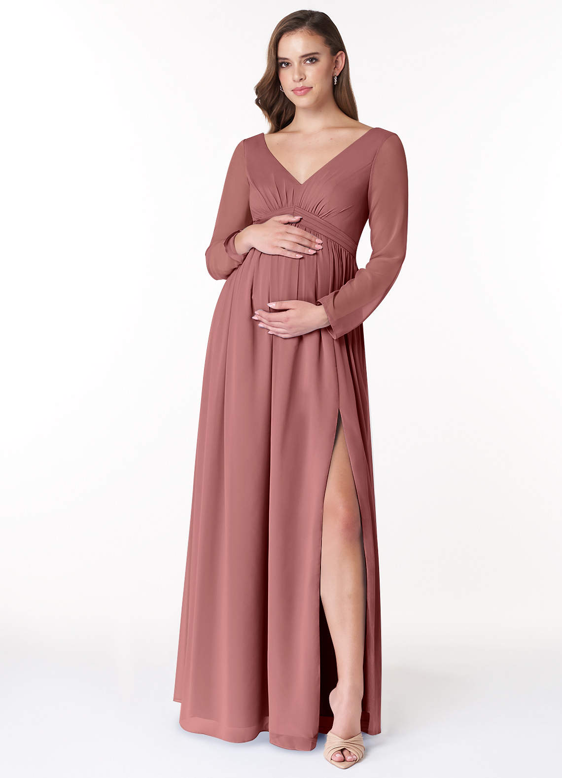 Azazie Teton Brautjungfernkleider für Schwangere A-Linie Langarm Chiffon Bodenlänge Kleid image1