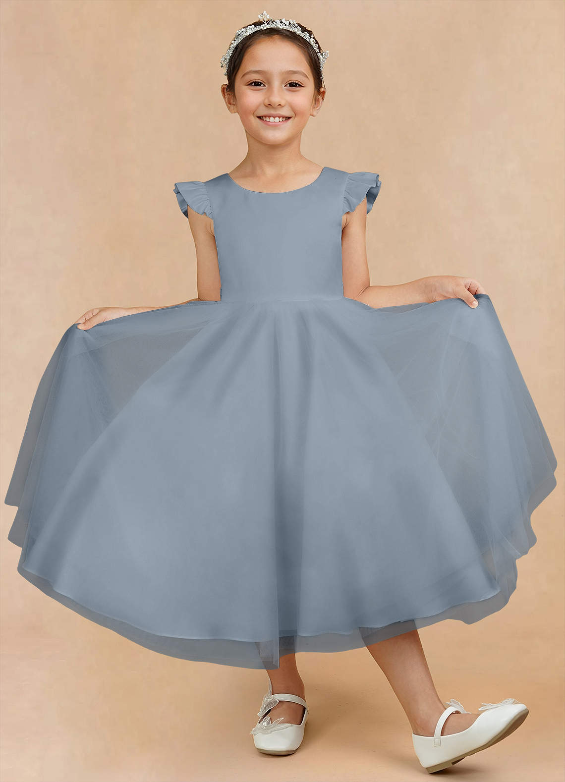 Azazie Hemi Flower Girl Dresses Dusty Blue A-Line Bow Tulle Dress image6