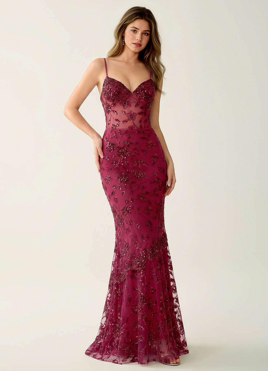 Fayerosa Burgundy Beading Sequin Embroidery Prom Dress | Azazie