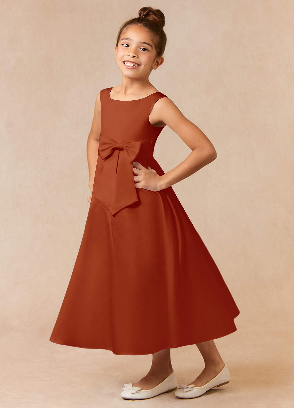 Azazie Lindy Flower Girl Dresses Paprika A-Line Pleated Matte Satin Dress image1