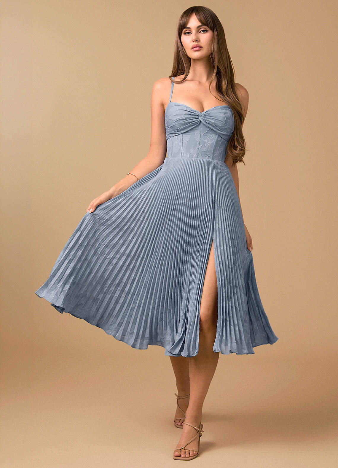 Annie Powder Blue Pleated Midi Dress | Azazie