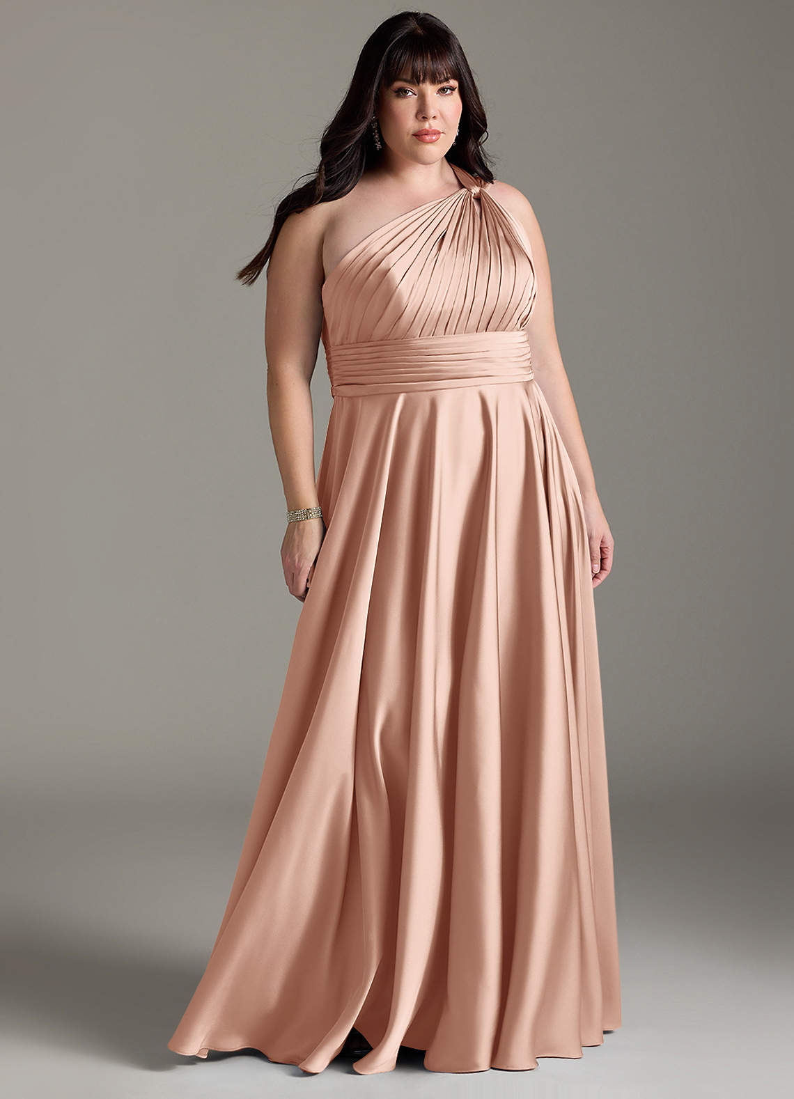 Azazie Charlize Bridesmaid Dresses Rose Gold A-Line One Shoulder Stretch Satin Dress image1
