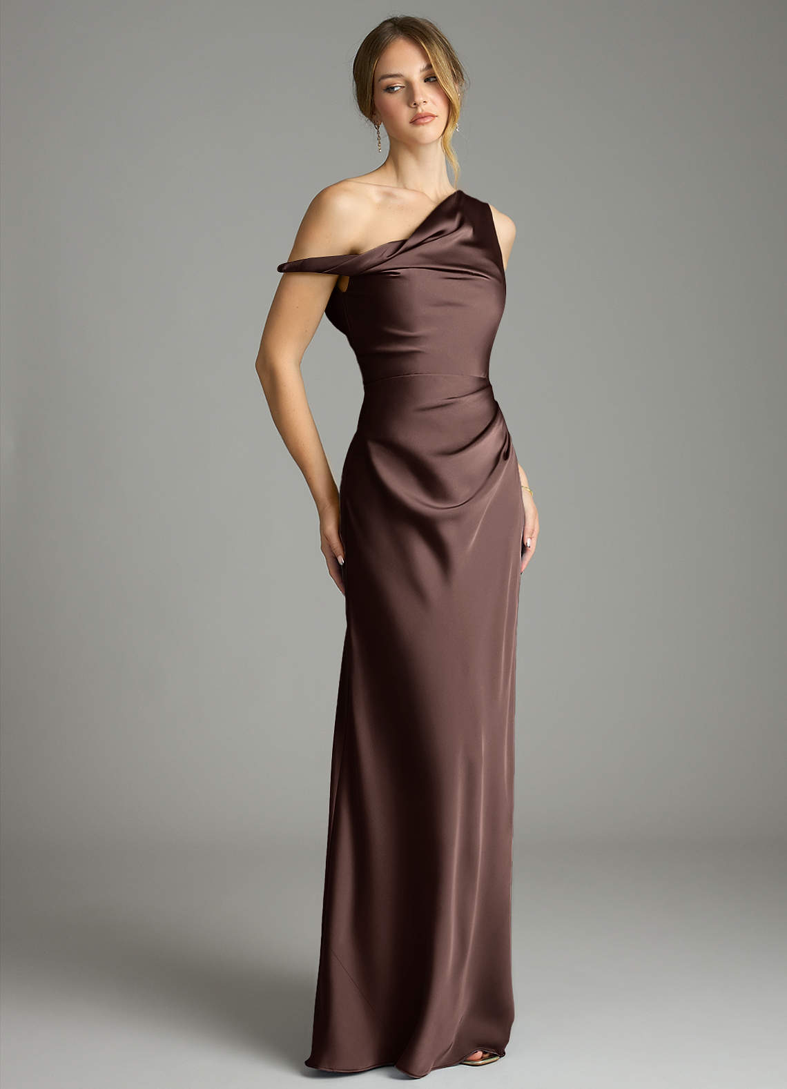 Azazie Emerson Bridesmaid Dresses Ganache Mermaid Off the Shoulder Stretch Satin Dress image4