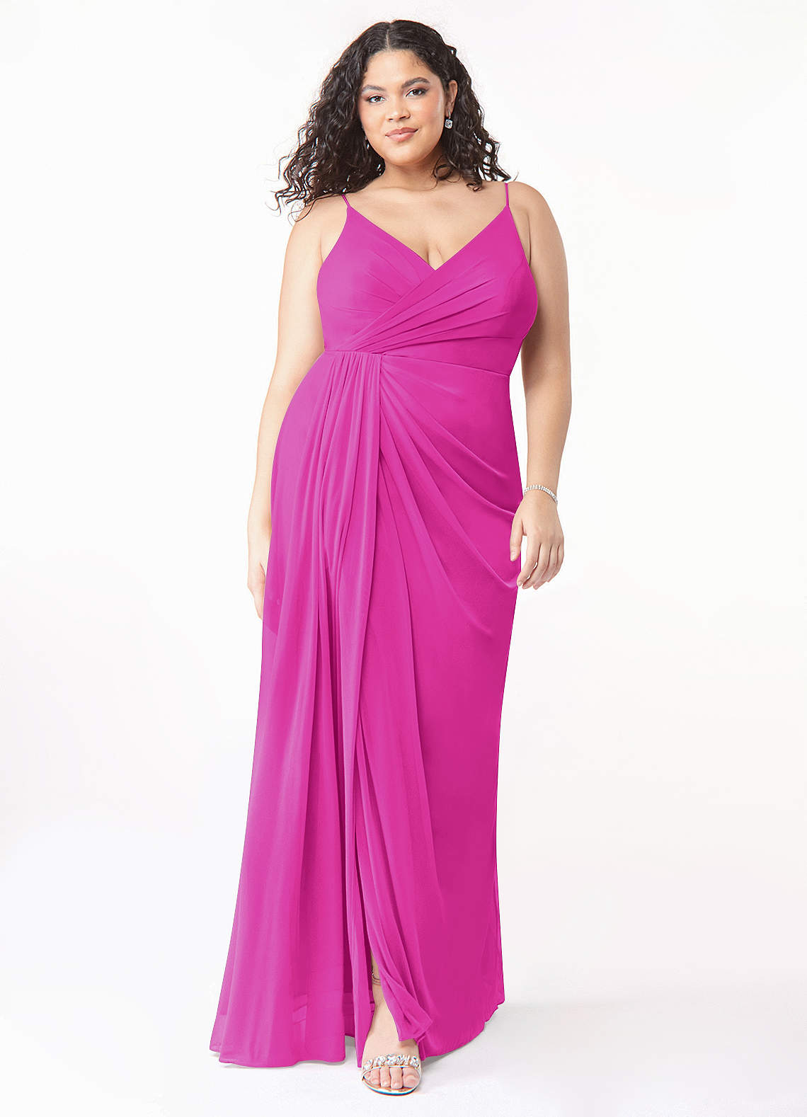 Azazie Evalin Bridesmaid Dresses Fuchsia A-Line V-Neck Pleated Mesh Dress image1
