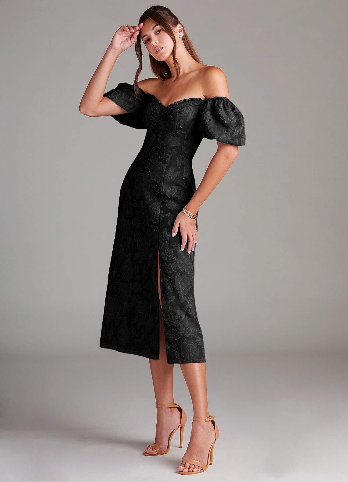 Evalina Black Puff Sleeves Midi Dress | Azazie