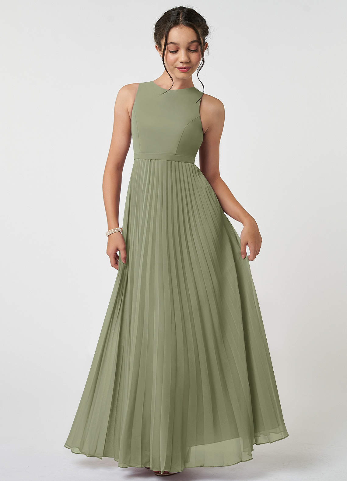 Azazie Lindie Junior Pistachio A-Line Pleated Chiffon Dress image1