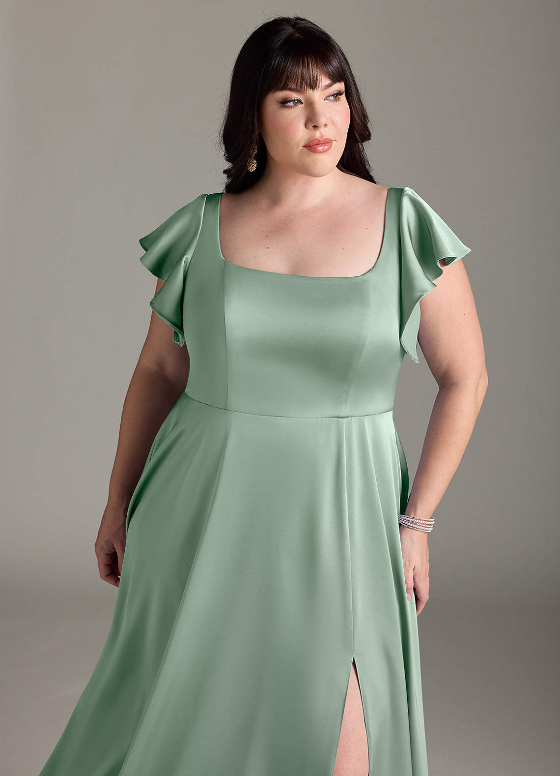 Azazie Bondi Bridesmaid Dresses Agave A-Line Bow Stretch Satin Dress image10