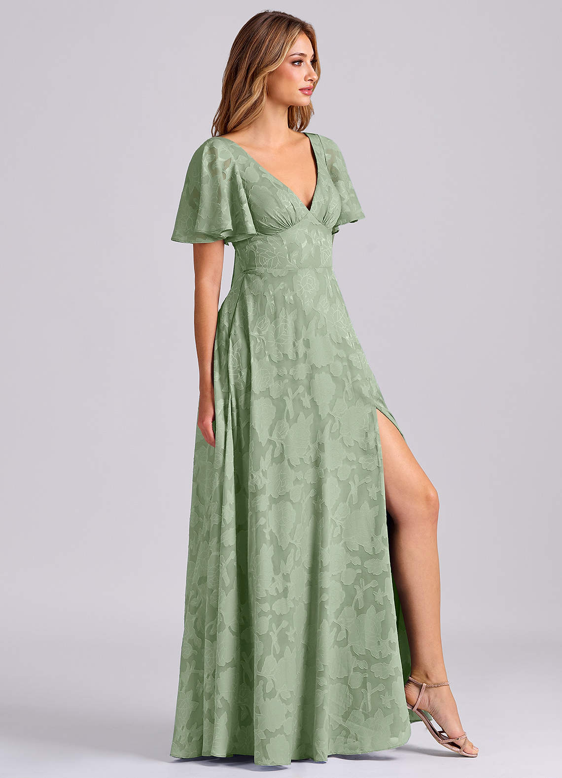 Azazie Kimber Bridesmaid Dresses Dusty Sage A-Line with Pockets Floral Burnout Dress image3