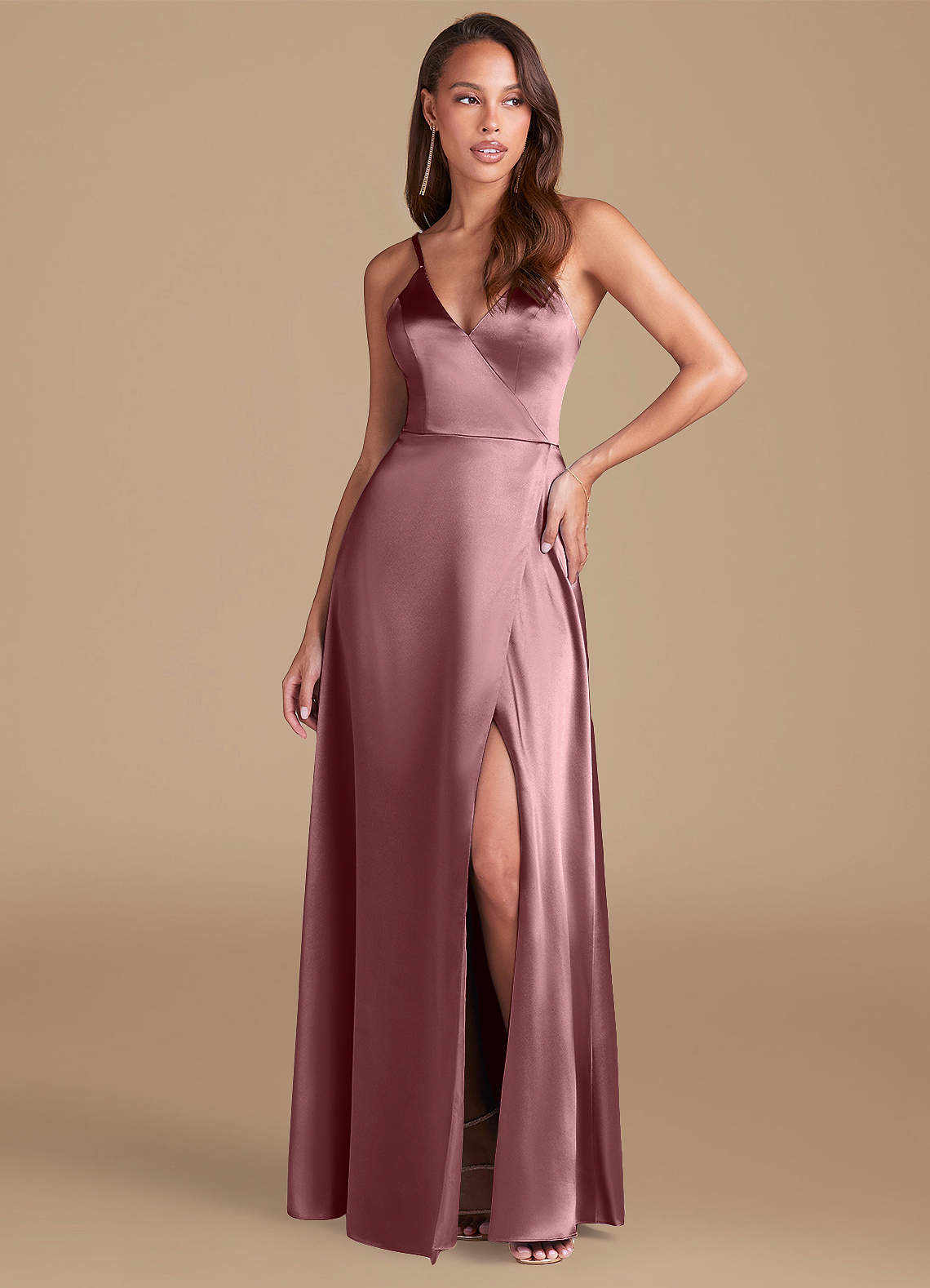 Azazie Maksim Bridesmaid Dresses Vintage Mauve A-Line Metallic Satin Dress image1