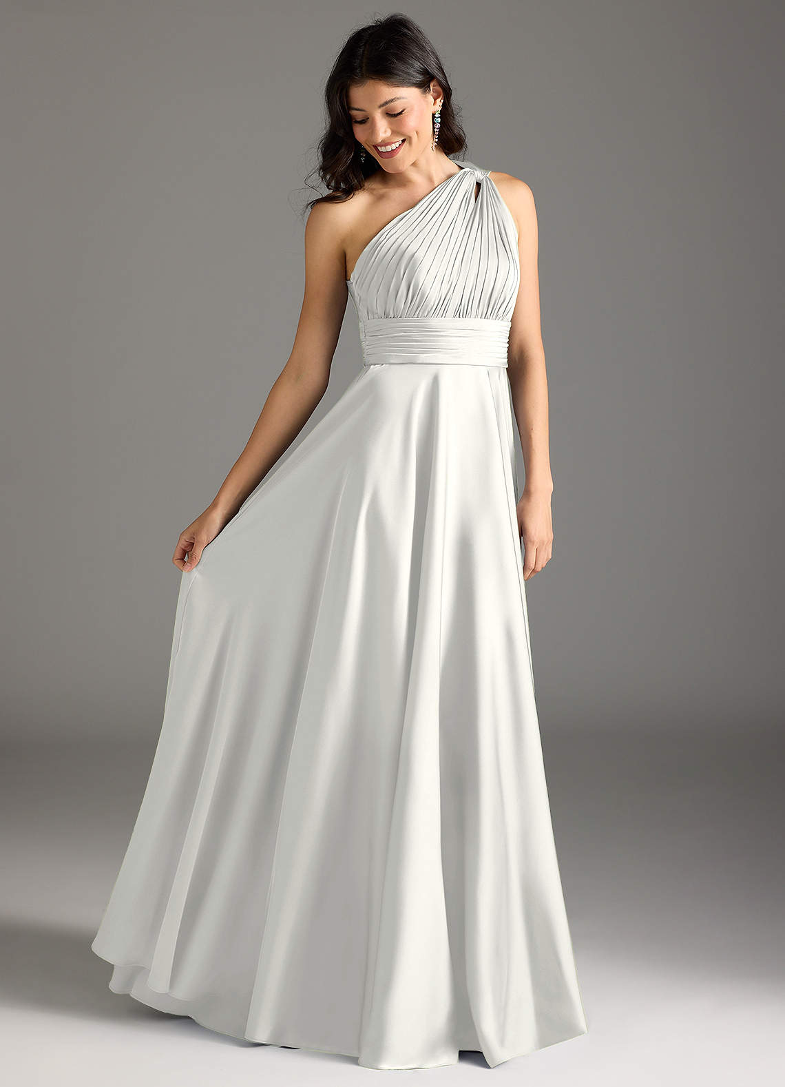 Azazie Charlize Abiti da Damigella Abito A-Line in Raso Elasticizzato Monospalla Bianco image1