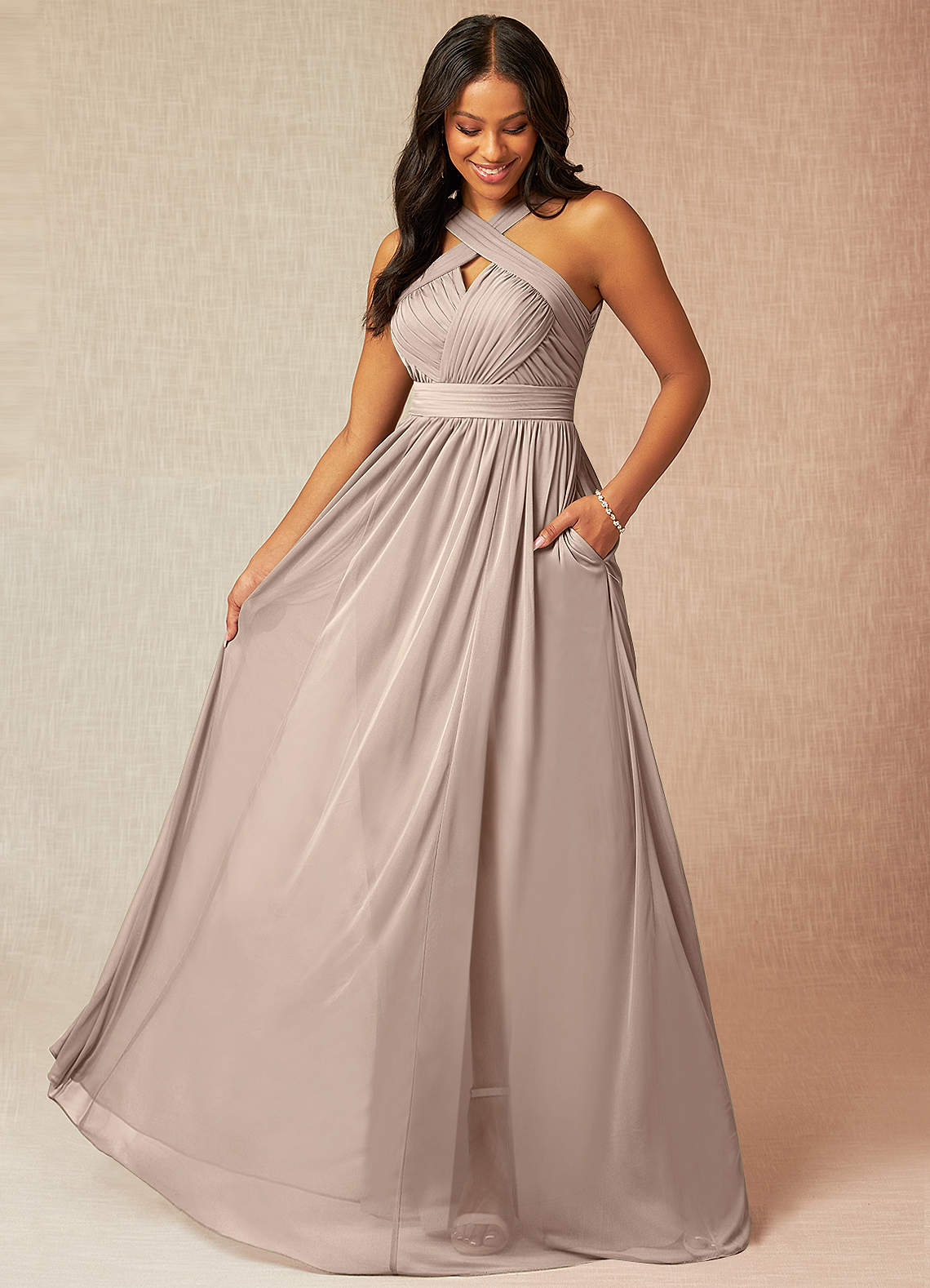 Azazie Hillian Bridesmaid Dresses Taupe A-Line Halter Pleated Mesh Dress image1