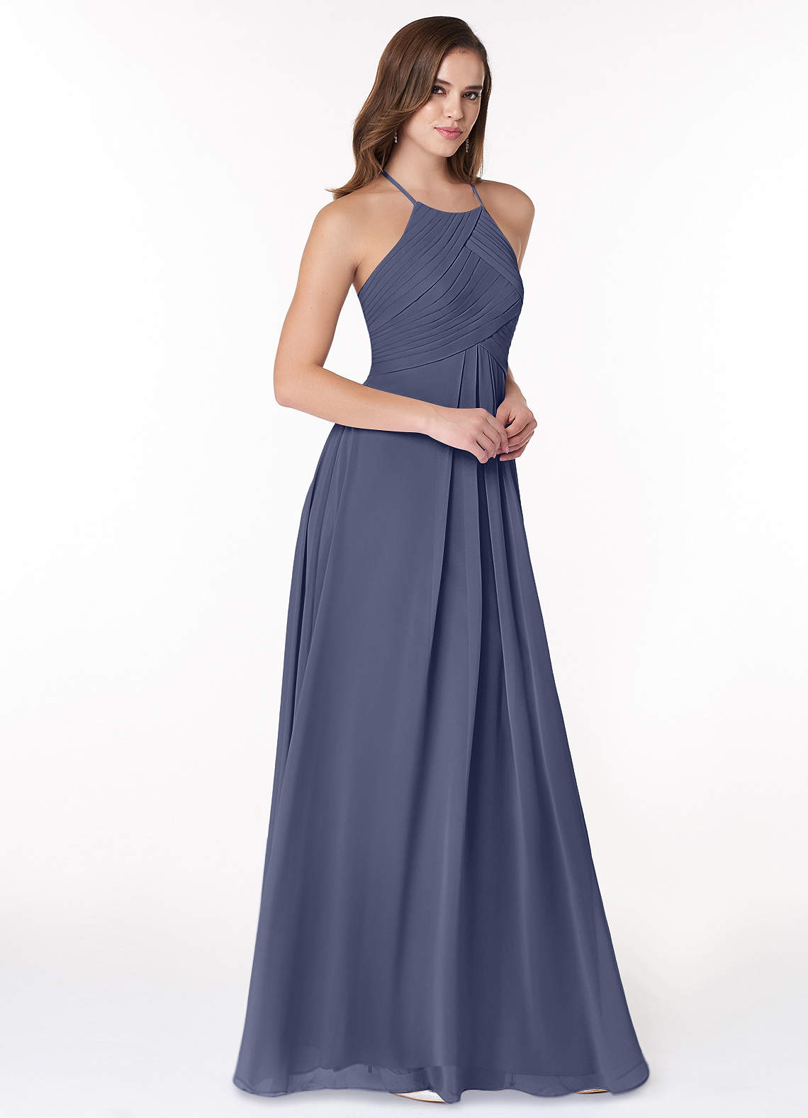 Azazie Ginger Robes de demoiselle d'honneur Robe Trapèze en Mousseline de soie Dos nu plissé Bleu Orageux image1