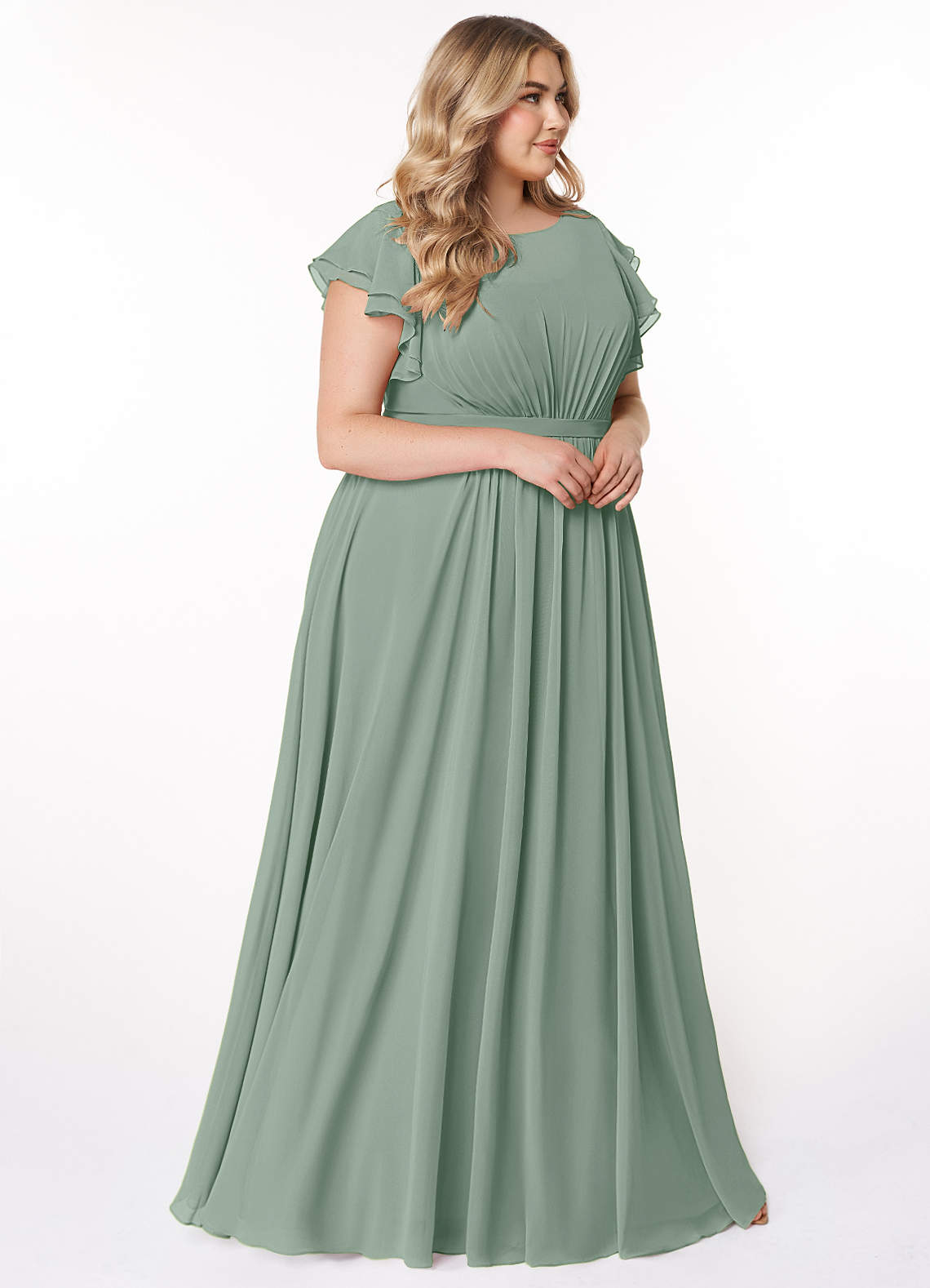 Azazie Daphne Robes de demoiselle d'honneur modestes Robe Trapèze Volant Longueur ras du sol Mousseline de soie image8