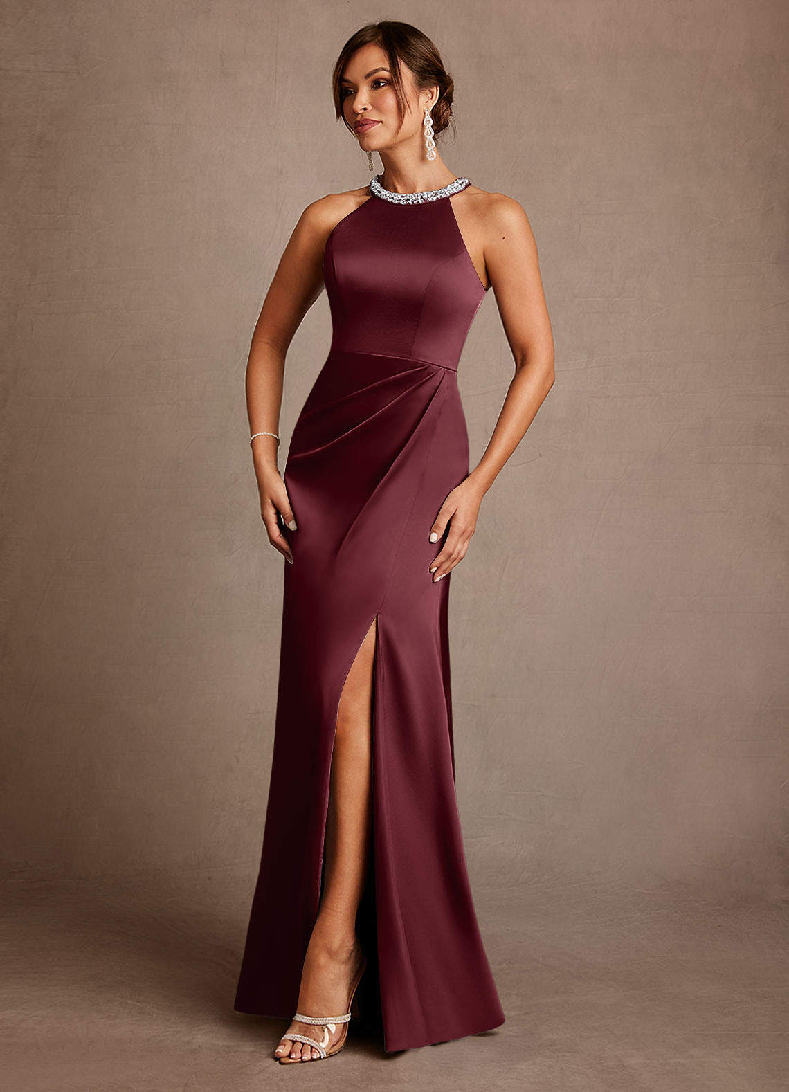 Azazie Lawrence Mother of the Bride Dresses Cabernet A-Line Pleated Stretch Satin Dress image1