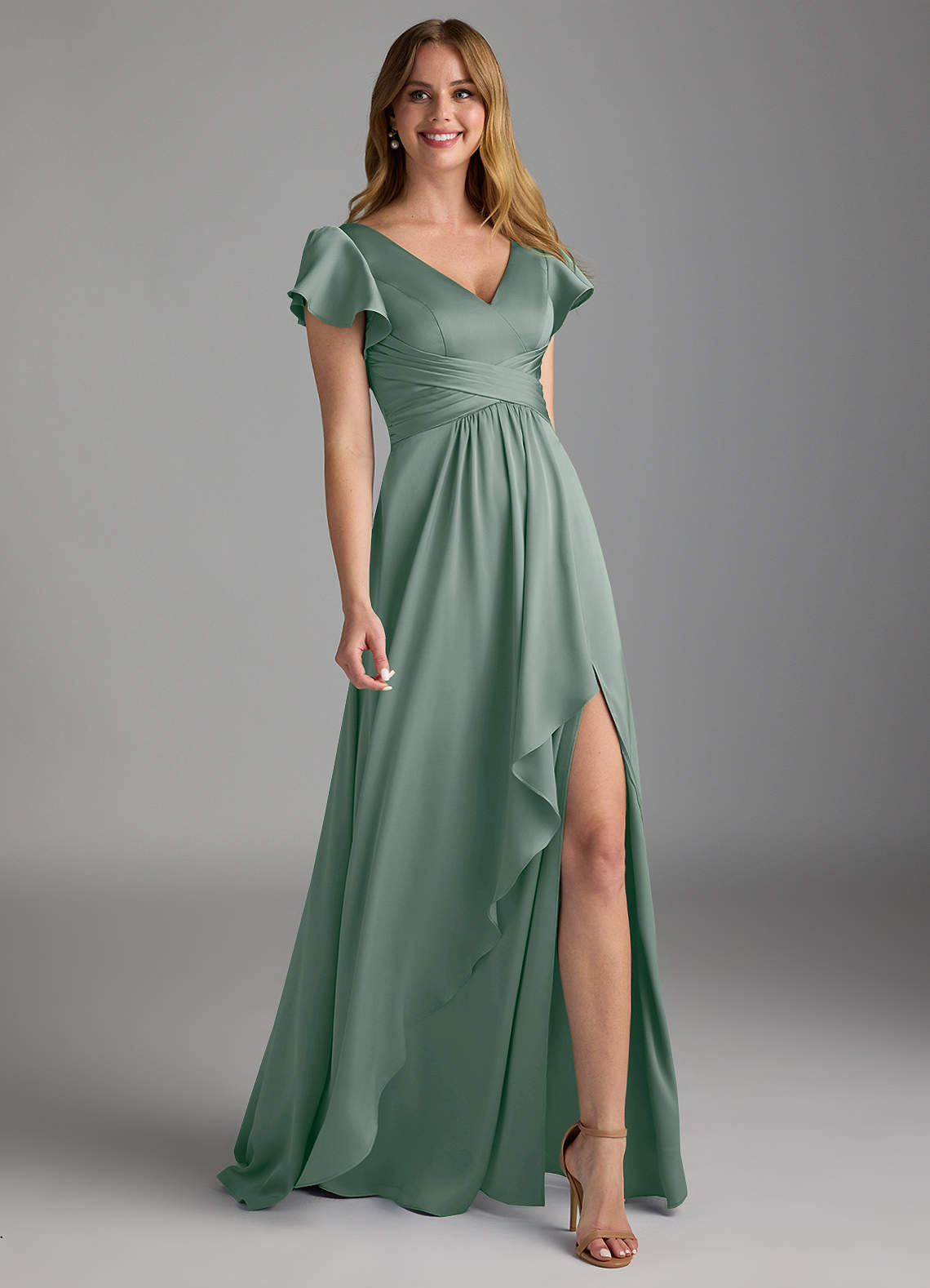 Azazie Omari Silver Sage Stretch Satin Bridesmaid Dresses | Azazie