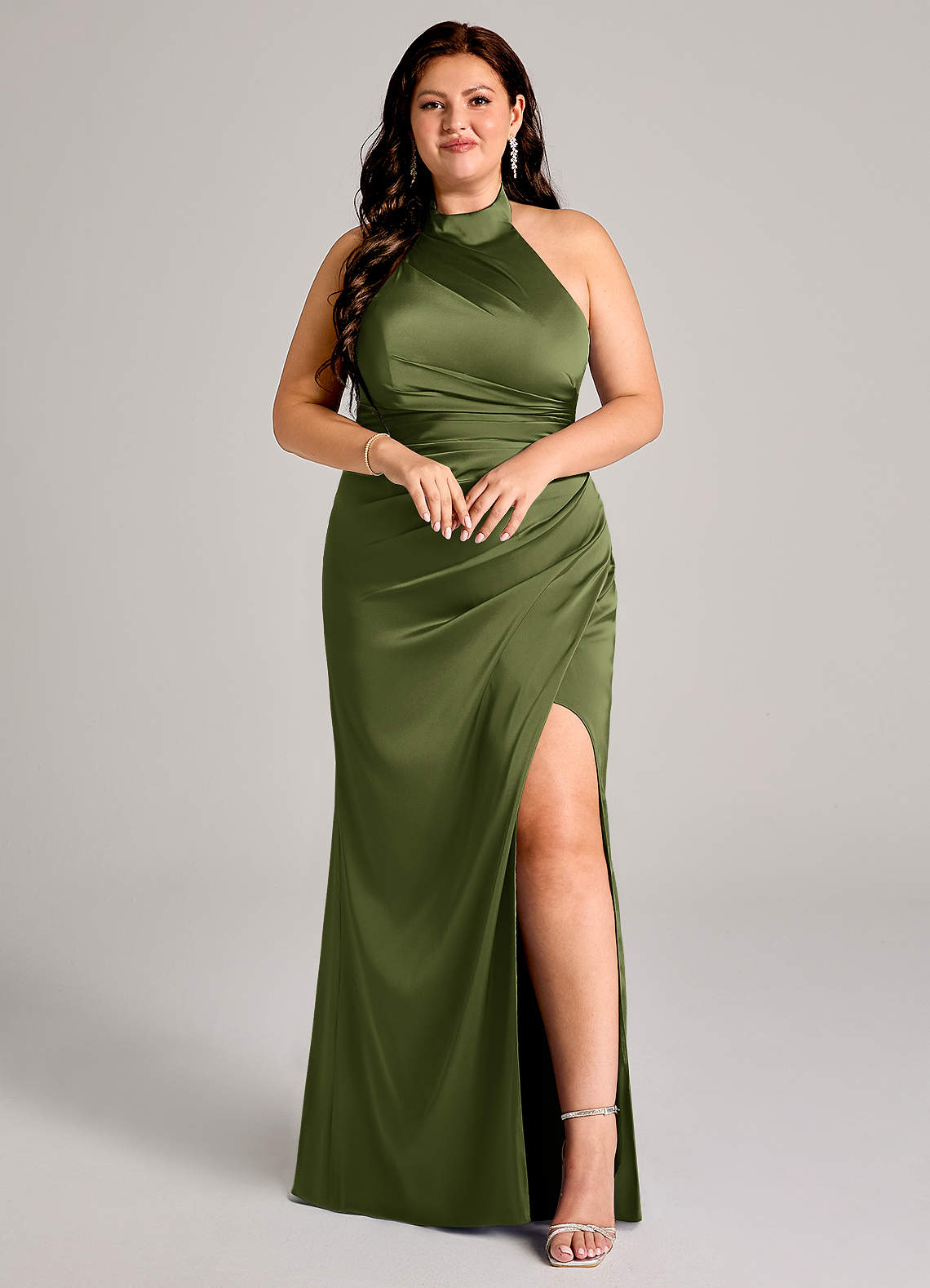 Azazie Jemma Bridesmaid Dresses Olive Sheath Pleated Stretch Satin Dress image1