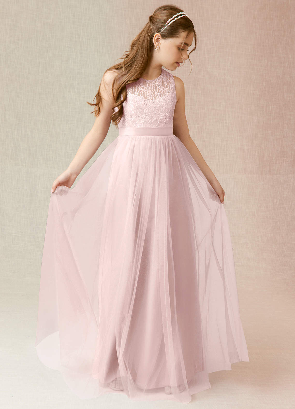 Azazie Georgette Junior Robe Trapèze en Tulle Dentelle Rose Pâle image1