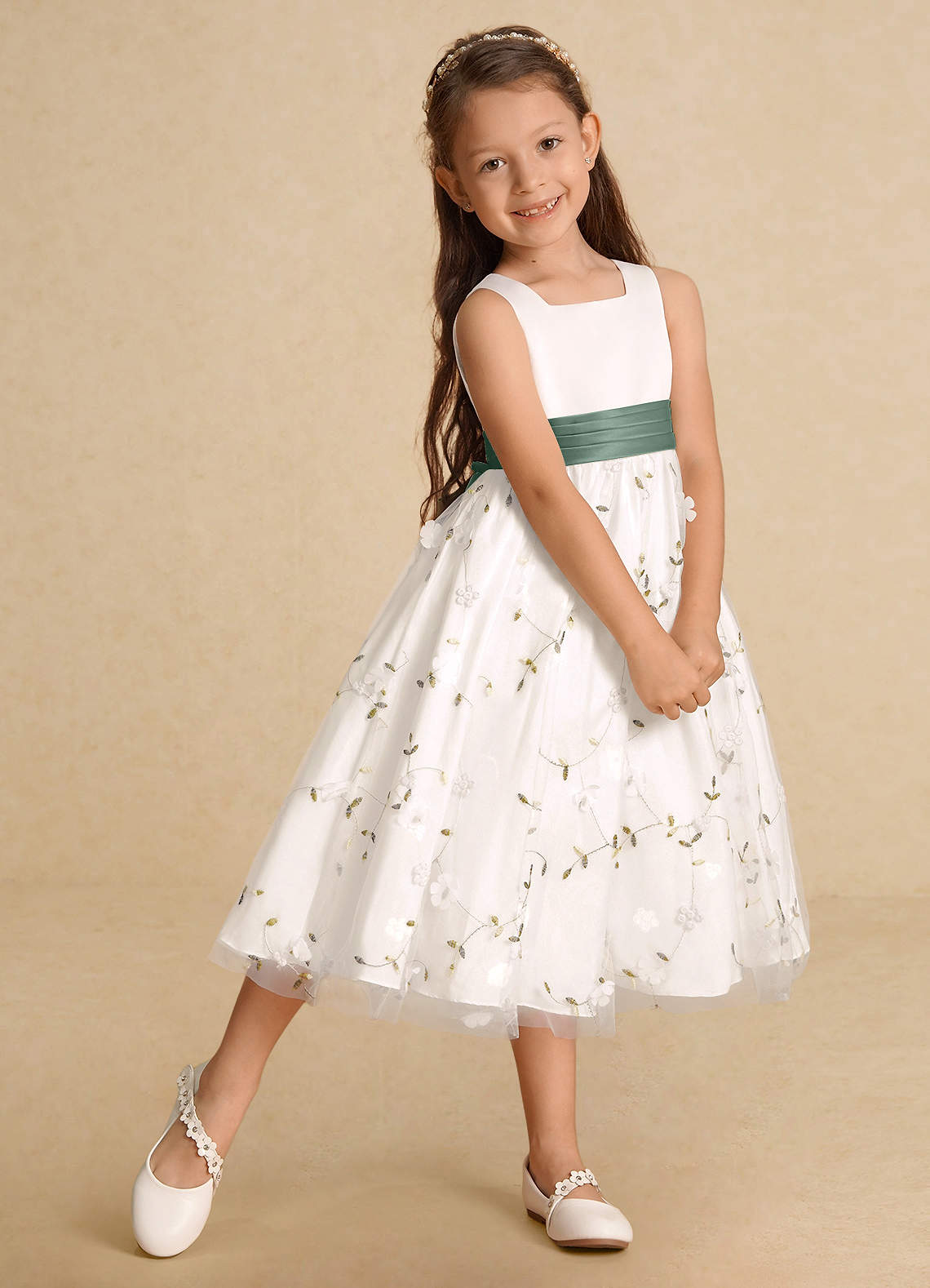 Azazie Pollie Flower Girl Dresses Ivory Eucalyptus A-Line Bow Tulle Dress image8