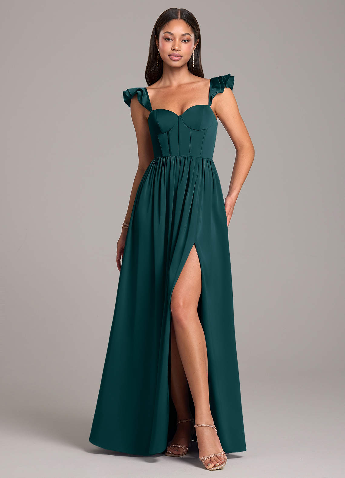 Azazie Denisse Bridesmaid Dresses Pine A-Line Ruched Stretch Satin Dress image1