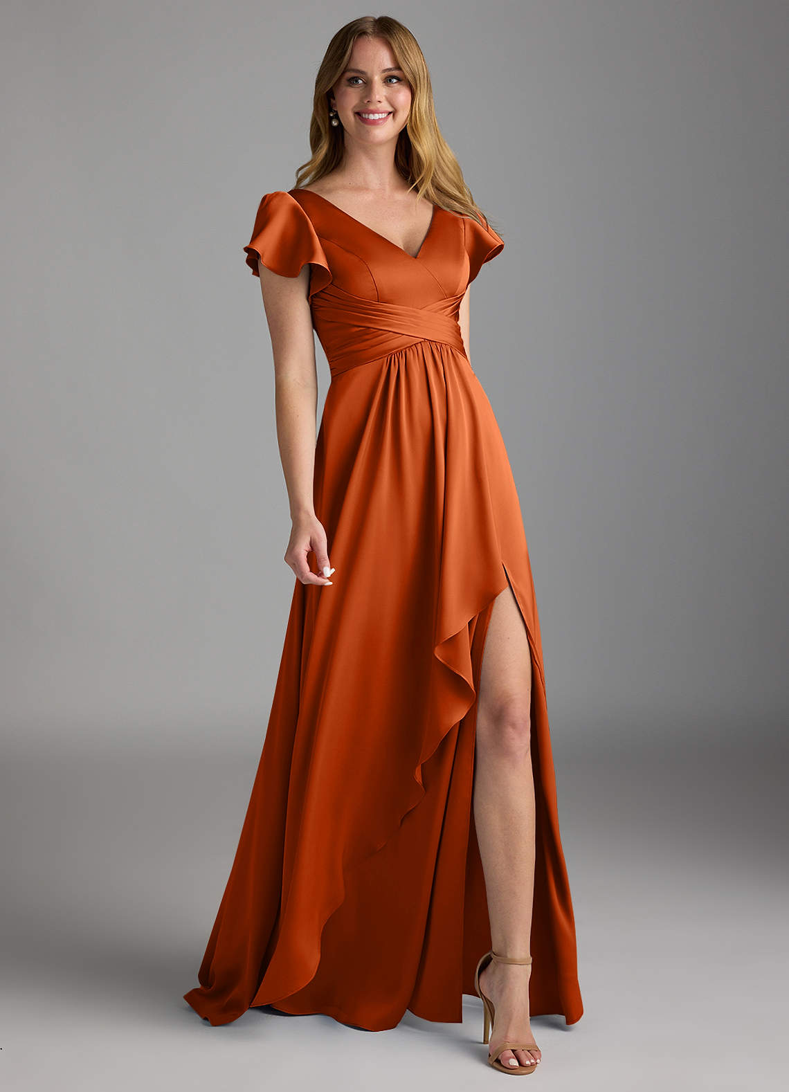 Azazie Omari Bridesmaid Dresses Burnt Orange A-Line Stretch Satin Dress image1