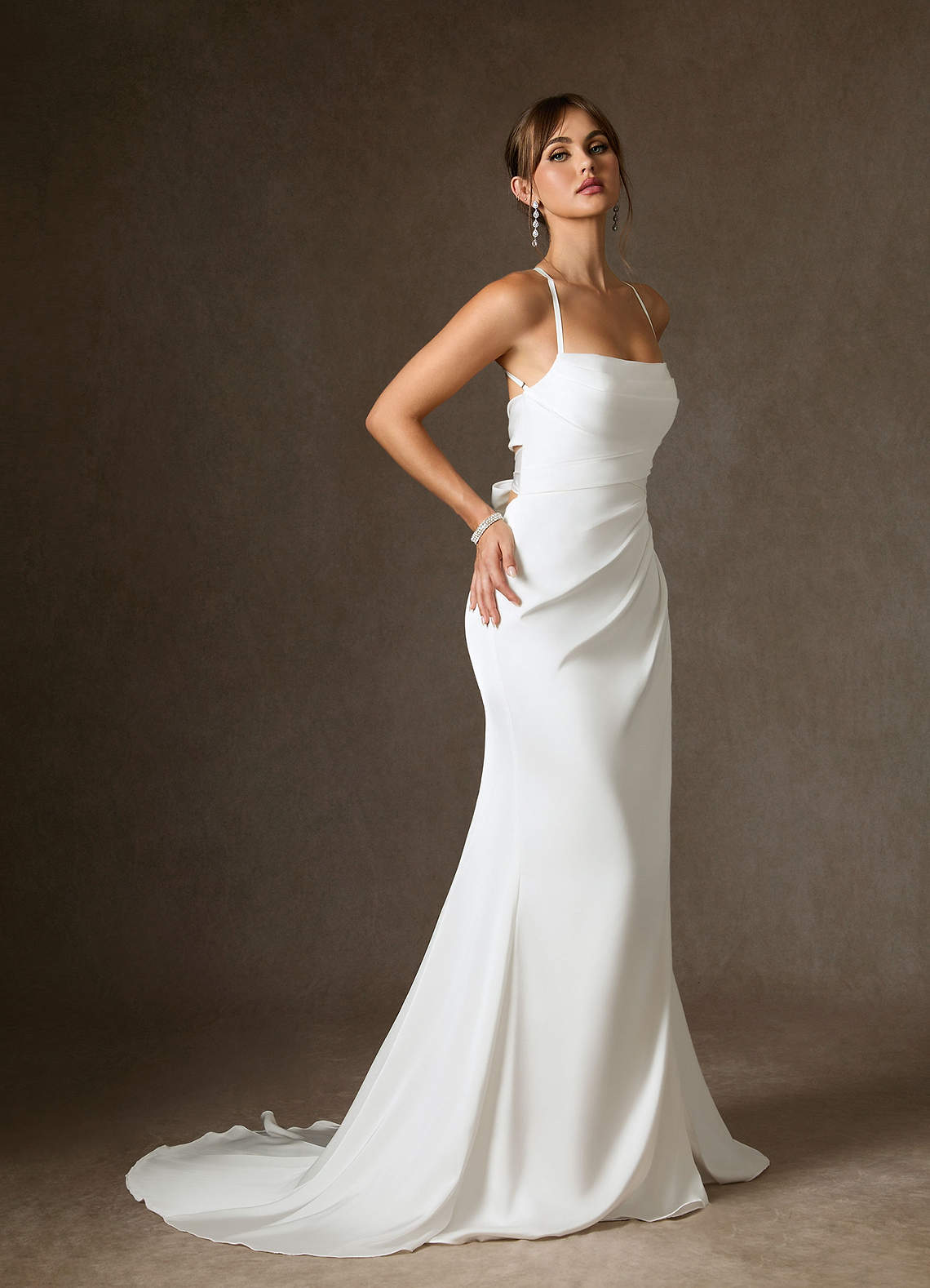 Azazie Kierra At-home Try On Dresses Diamond White Mermaid Pleated Stretch Satin Dress image4