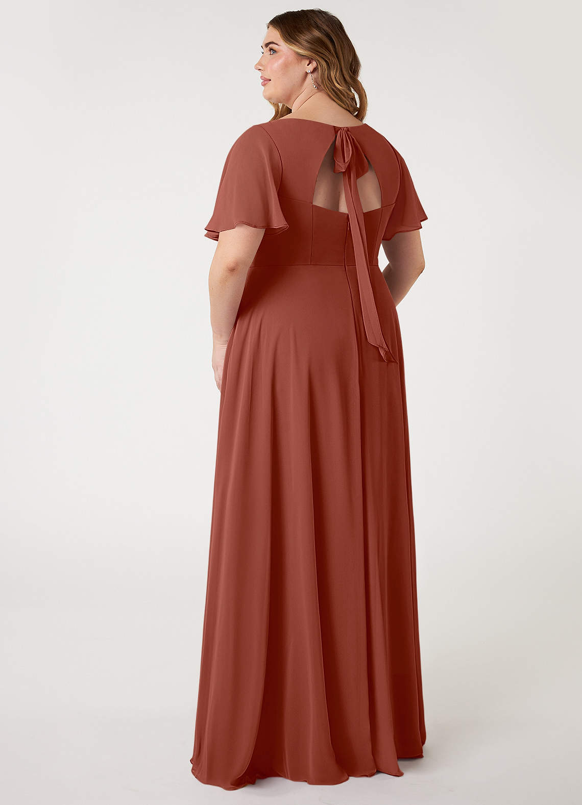 Azazie Kimber Bridesmaid Dresses Auburn A-Line Flounce Sleeve Chiffon Dress image7