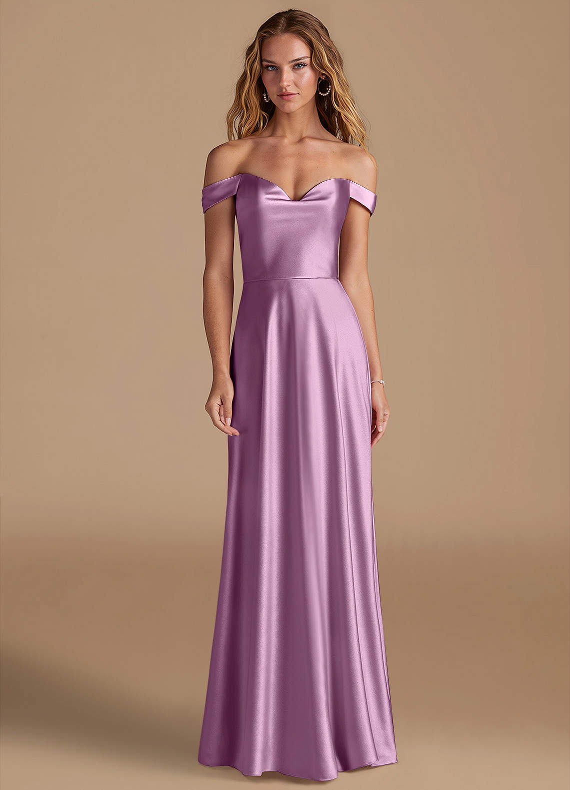 Azazie Jackalin Bridesmaid Dresses Wisteria A-Line Off the Shoulder Metallic Satin Convertible Dress image1