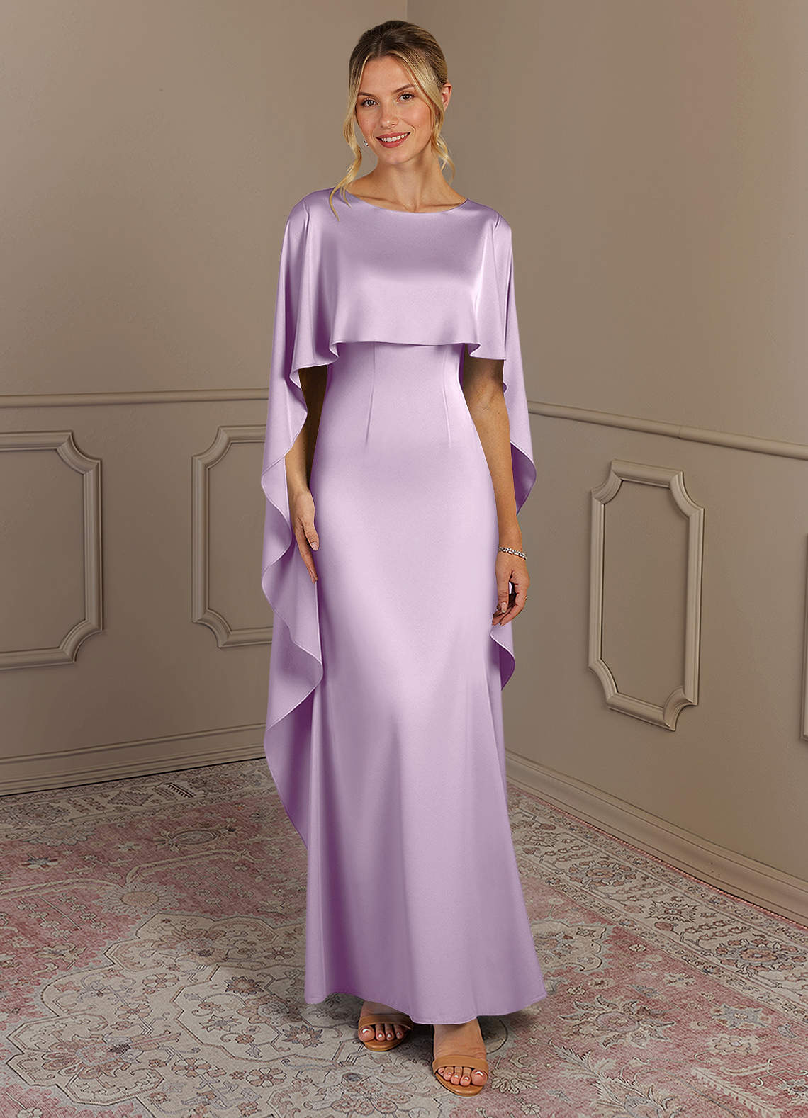 Azazie Eli Mother of the Bride Dresses Frosted Lilac Sheath Boatneck Stretch Satin Dress image1