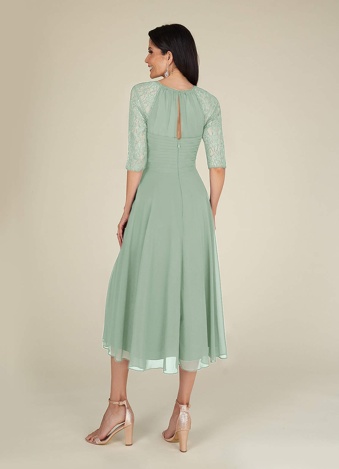 Lace 3/4 Sleeves Chiffon Tea-Length Dress Azalea main image 1