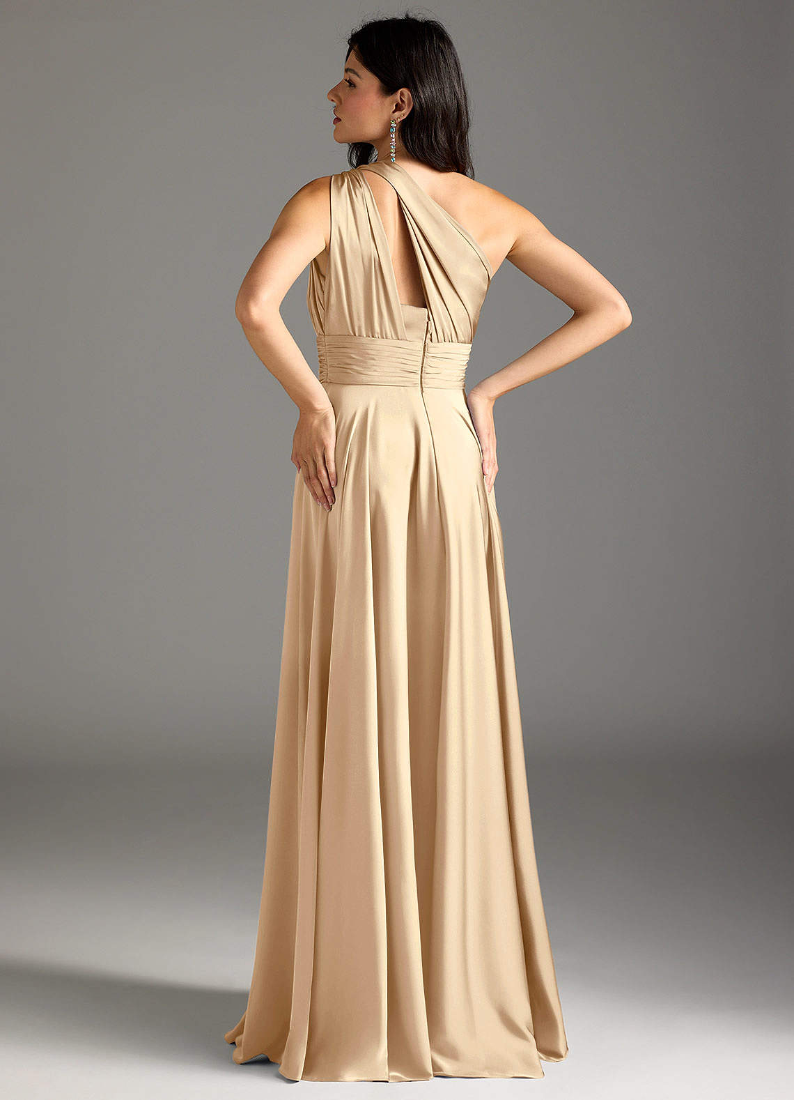 Azazie Charlize Bridesmaid Dresses Champagne A-Line One Shoulder Stretch Satin Dress image5
