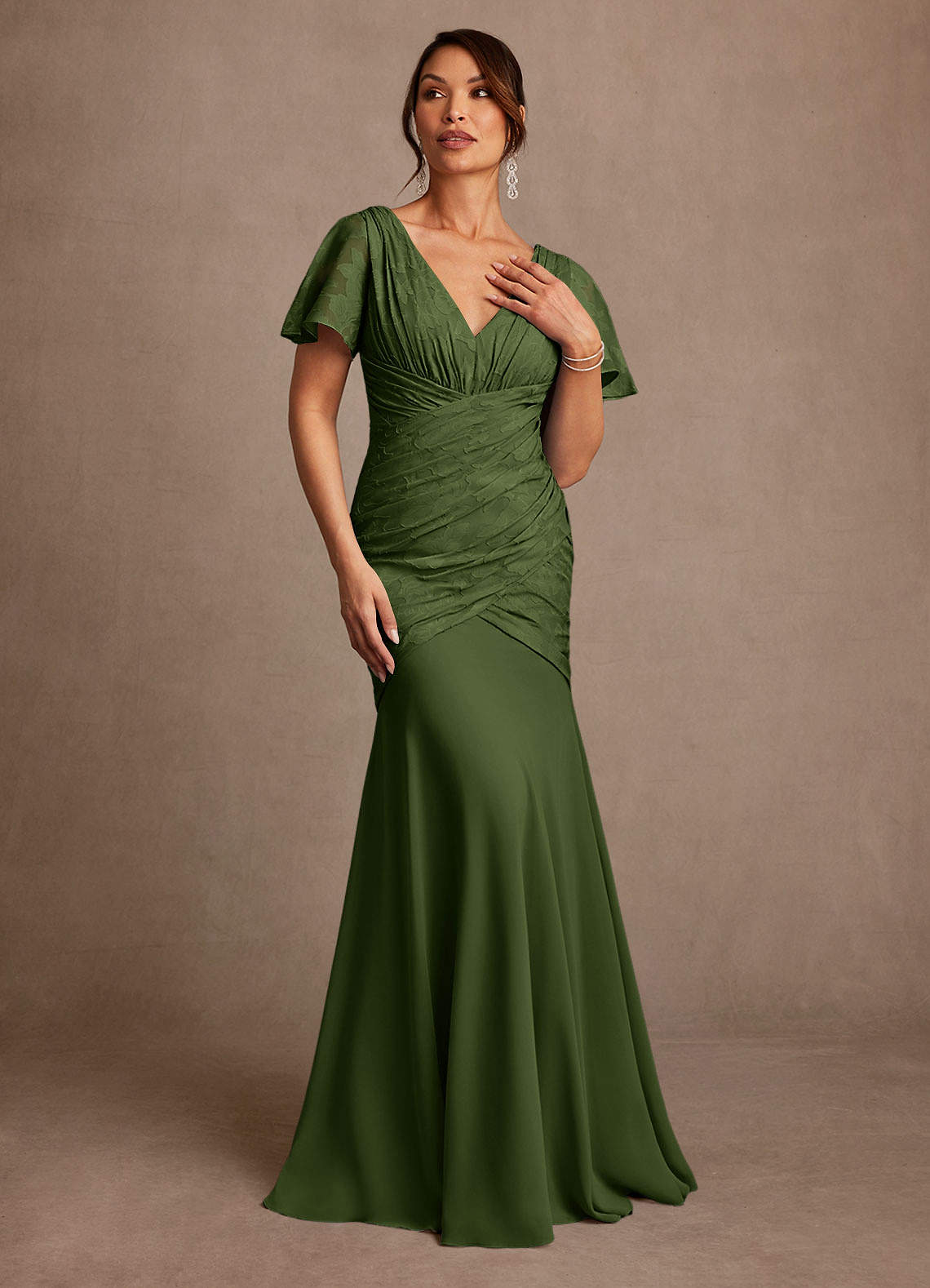 Azazie Jolene Mother of the Bride Dresses Olive Mermaid Pleated Floral Burnout Dress image3