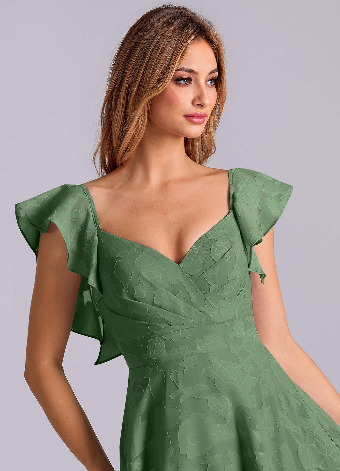Azazie Leilani Bridesmaid Dresses Eucalyptus A-Line Sweetheart Neckline Floral Burnout Dress image6
