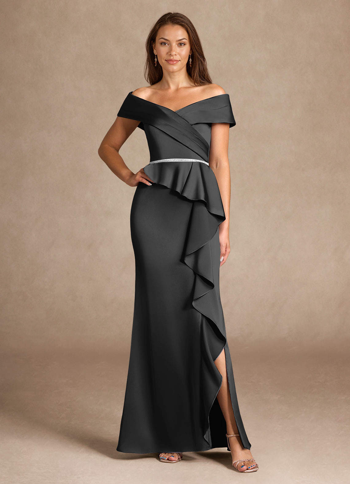 Azazie Dareia Mother of the Bride Dresses Black Mermaid Off the Shoulder Stretch Satin Dress image1
