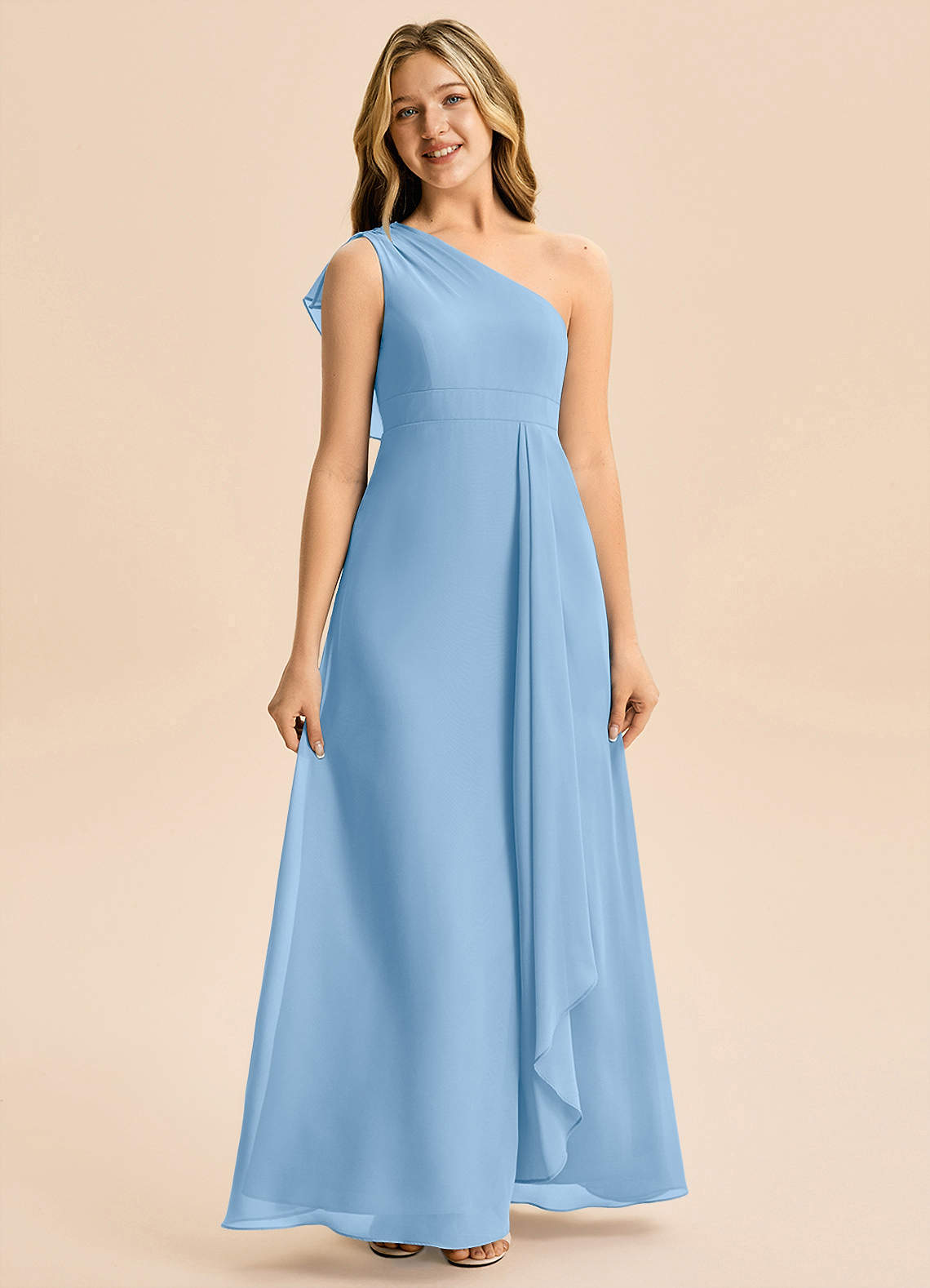 Azazie Delilah Junior Powder Blue A-Line Ruched Chiffon Dress image3