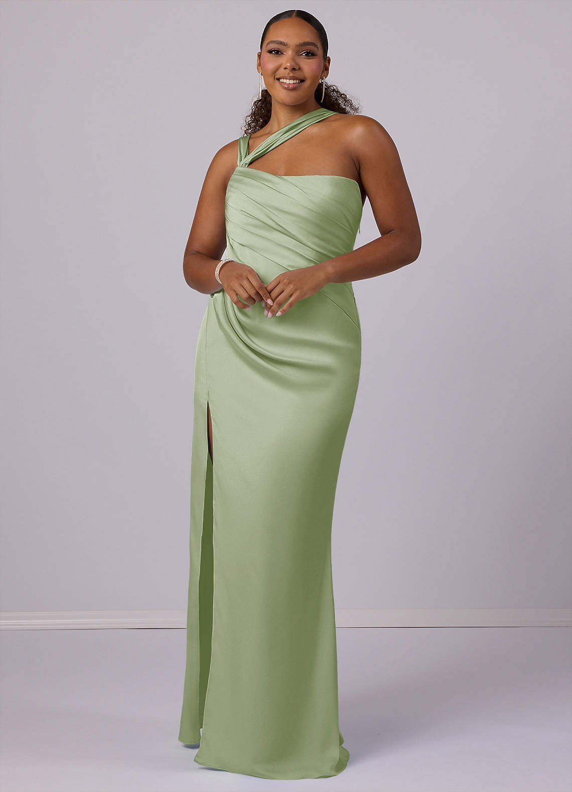 Barbie ♥ Azazie Bridesmaid Dresses Dusty Sage Mermaid One Shoulder Stretch Satin Dress image1