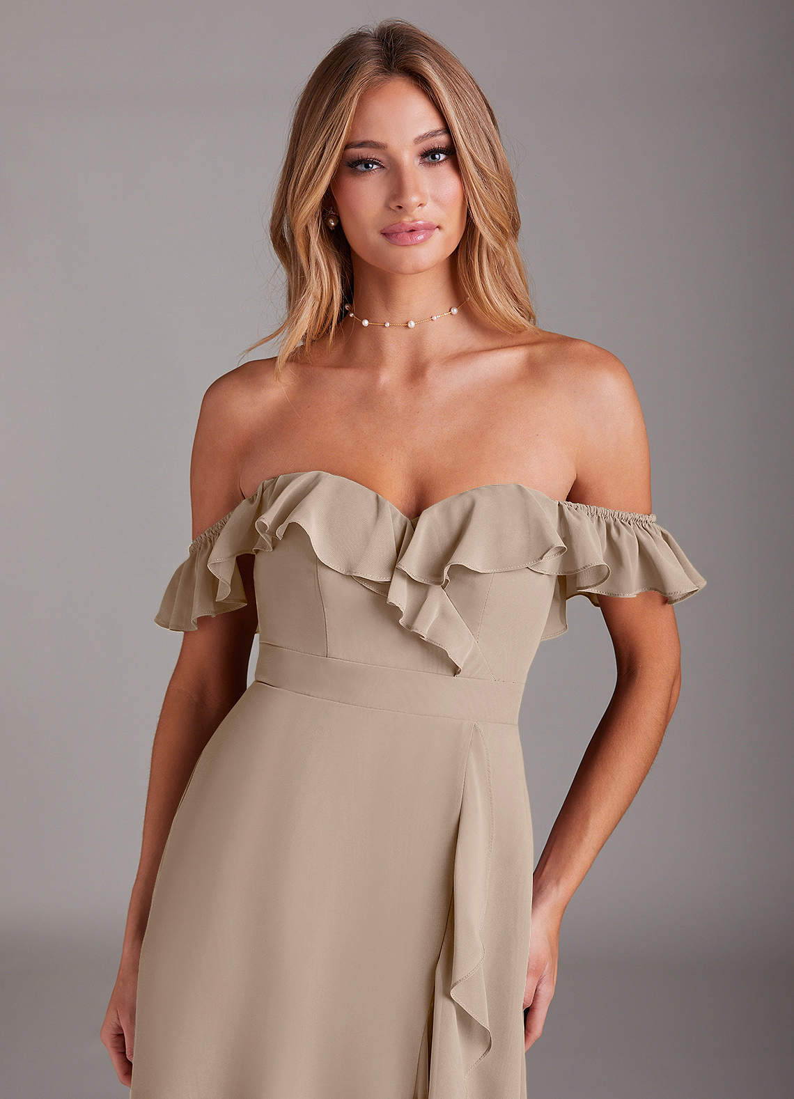 Azazie Lyra Bridesmaid Dresses Taupe A-Line Chiffon Convertible Dress image1