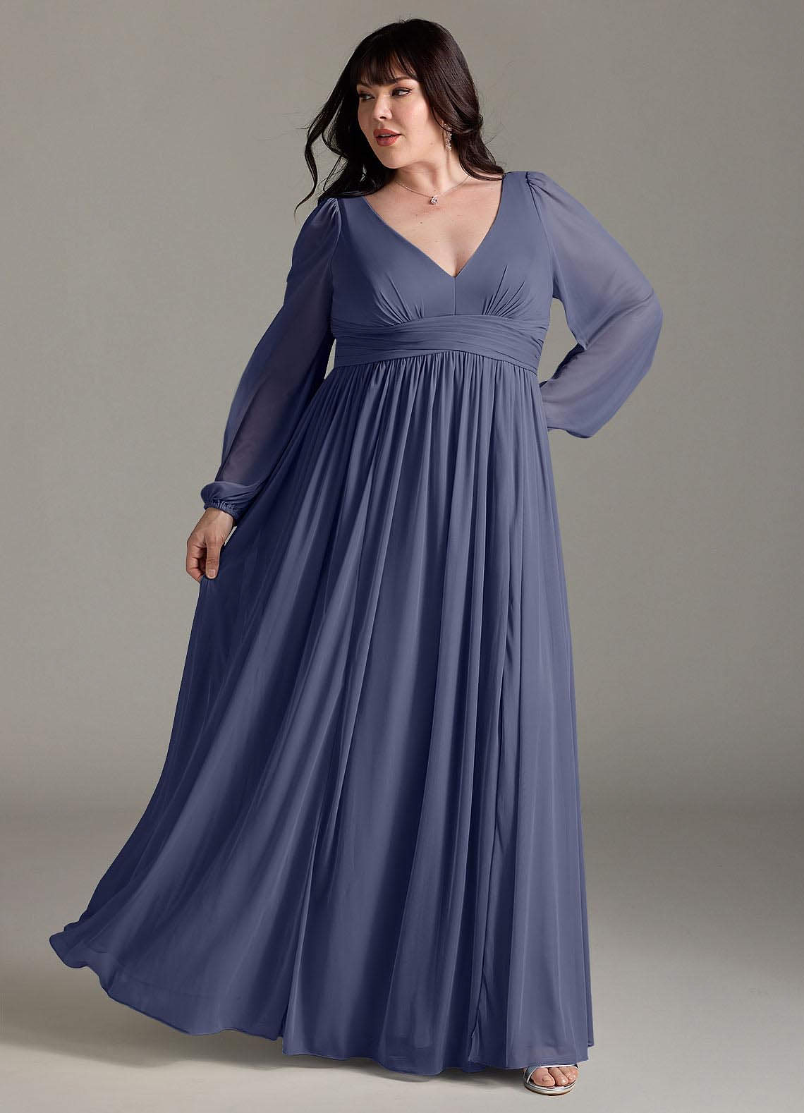 Azazie Norah Bridesmaid Dresses Stormy A-Line V-Neck Long Sleeve Chiffon Dress image7