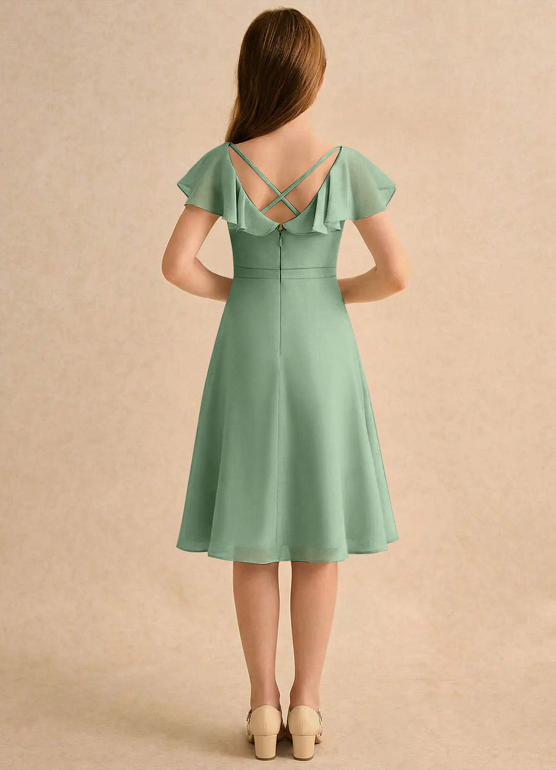 Azazie Narin Girls Formal Blumenmädchenkleider A-Linie mit ärmel Chiffon Kleid Matcha image1