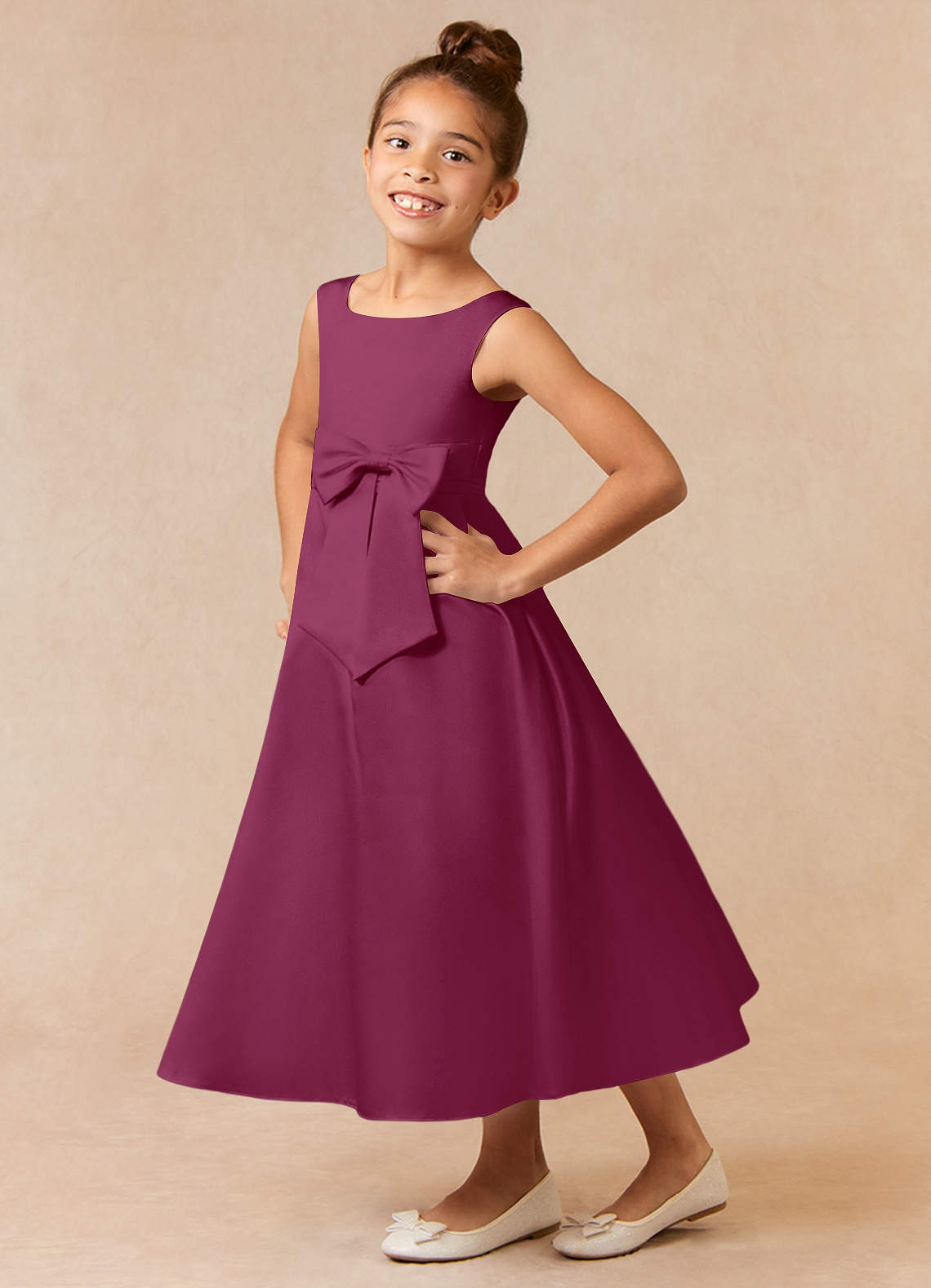 Azazie Lindy Flower Girl Dresses Mulberry A-Line Pleated Matte Satin Dress image1