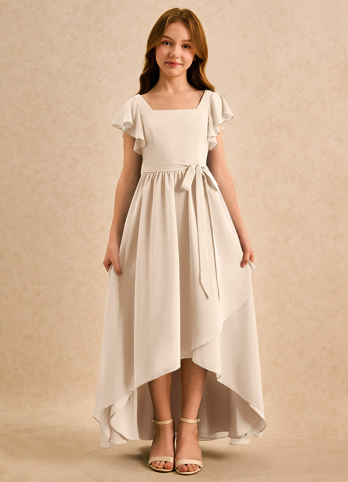 Azazie Milly Girls Formal Flower Girl Dresses White Alabaster A-Line Pleated Chiffon Dress image4