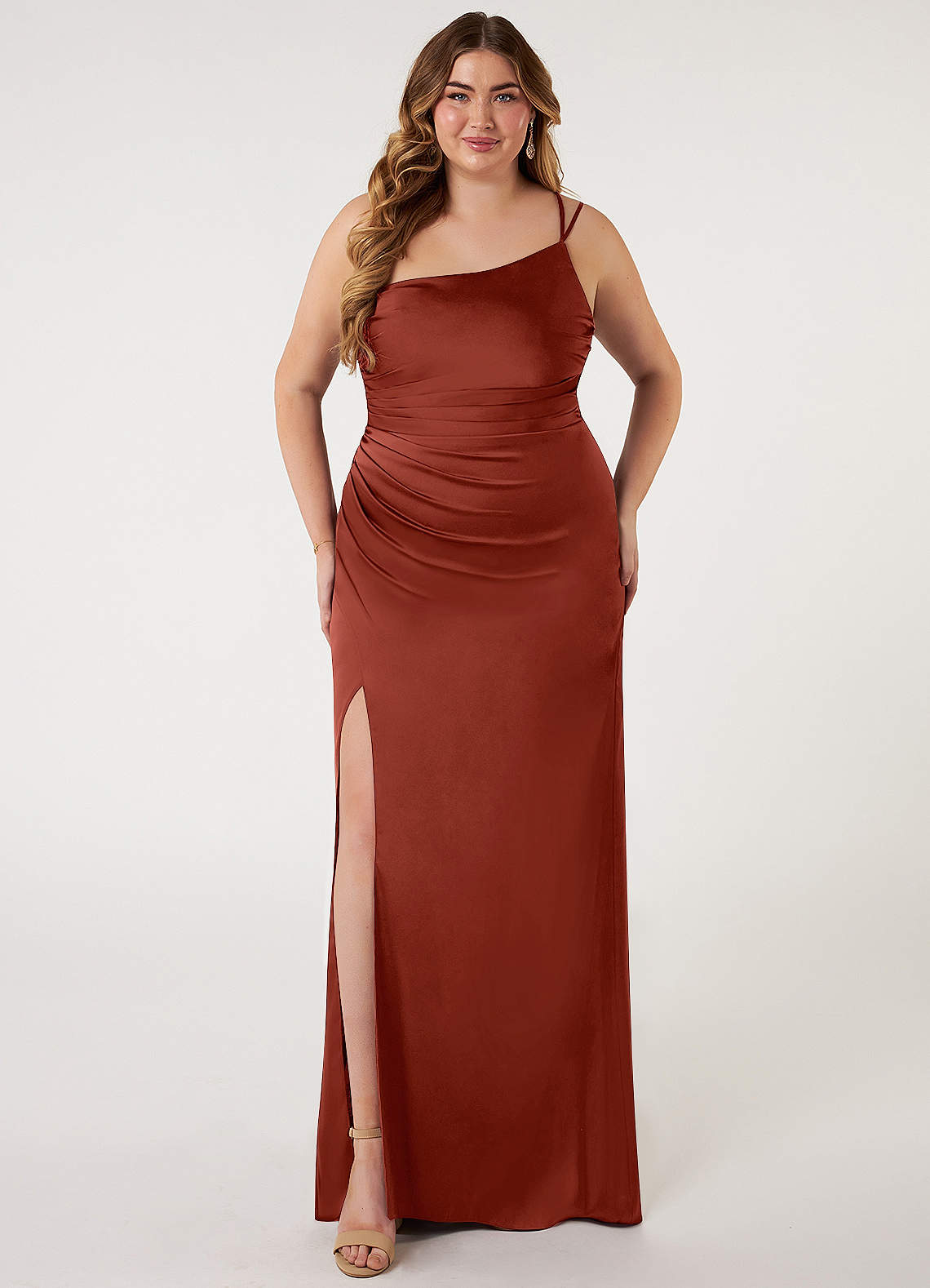 Azazie Eren Bridesmaid Dresses Terracotta Mermaid One Shoulder Stretch Satin Dress image1