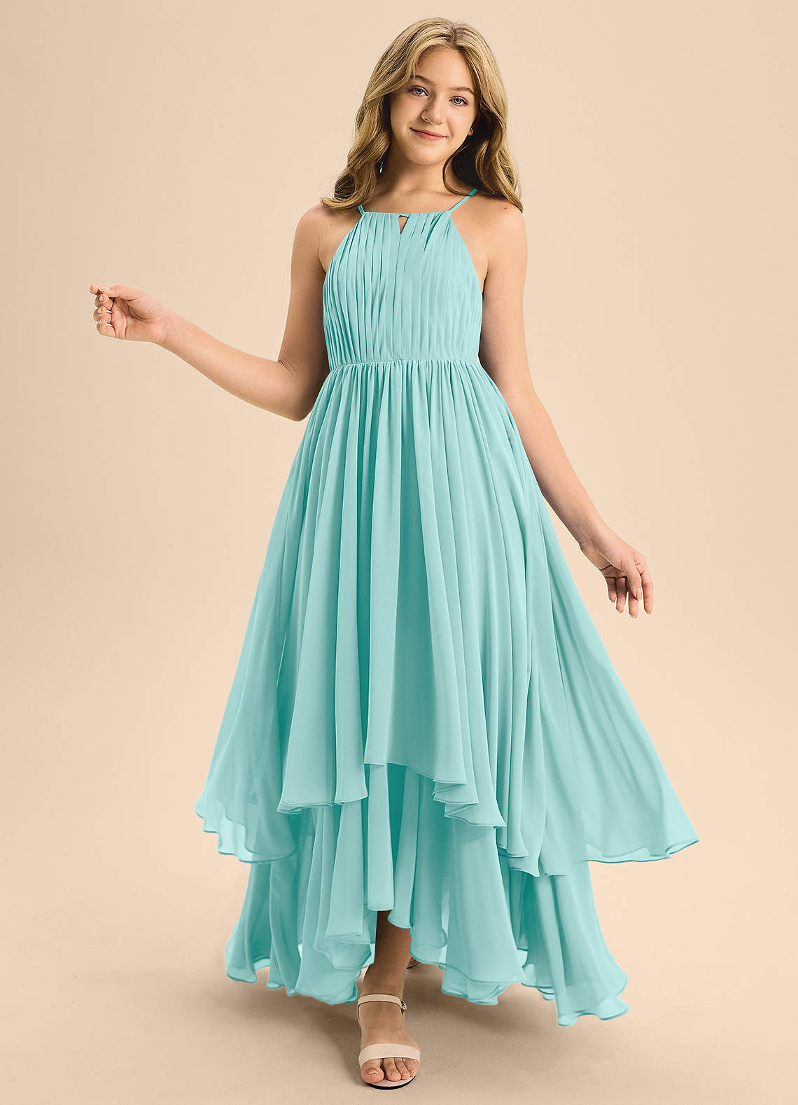 Azazie Elliora Junior A-Linie Plissee Chiffon Kleid Aqua image1