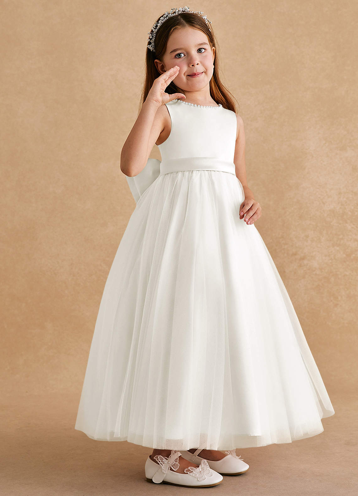 Azazie Cookie Flower Girl Dresses Ivory A-Line Bow Tulle Dress image1