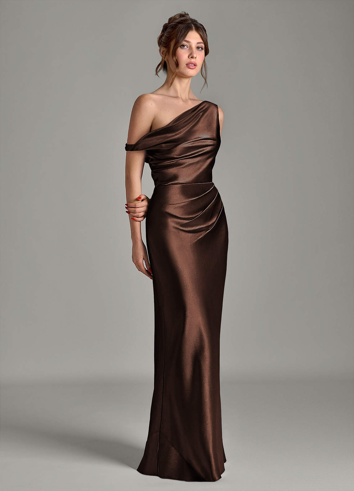 Azazie Emerson Bridesmaid Dresses Ganache Mermaid Off the Shoulder Metallic Satin Dress image4
