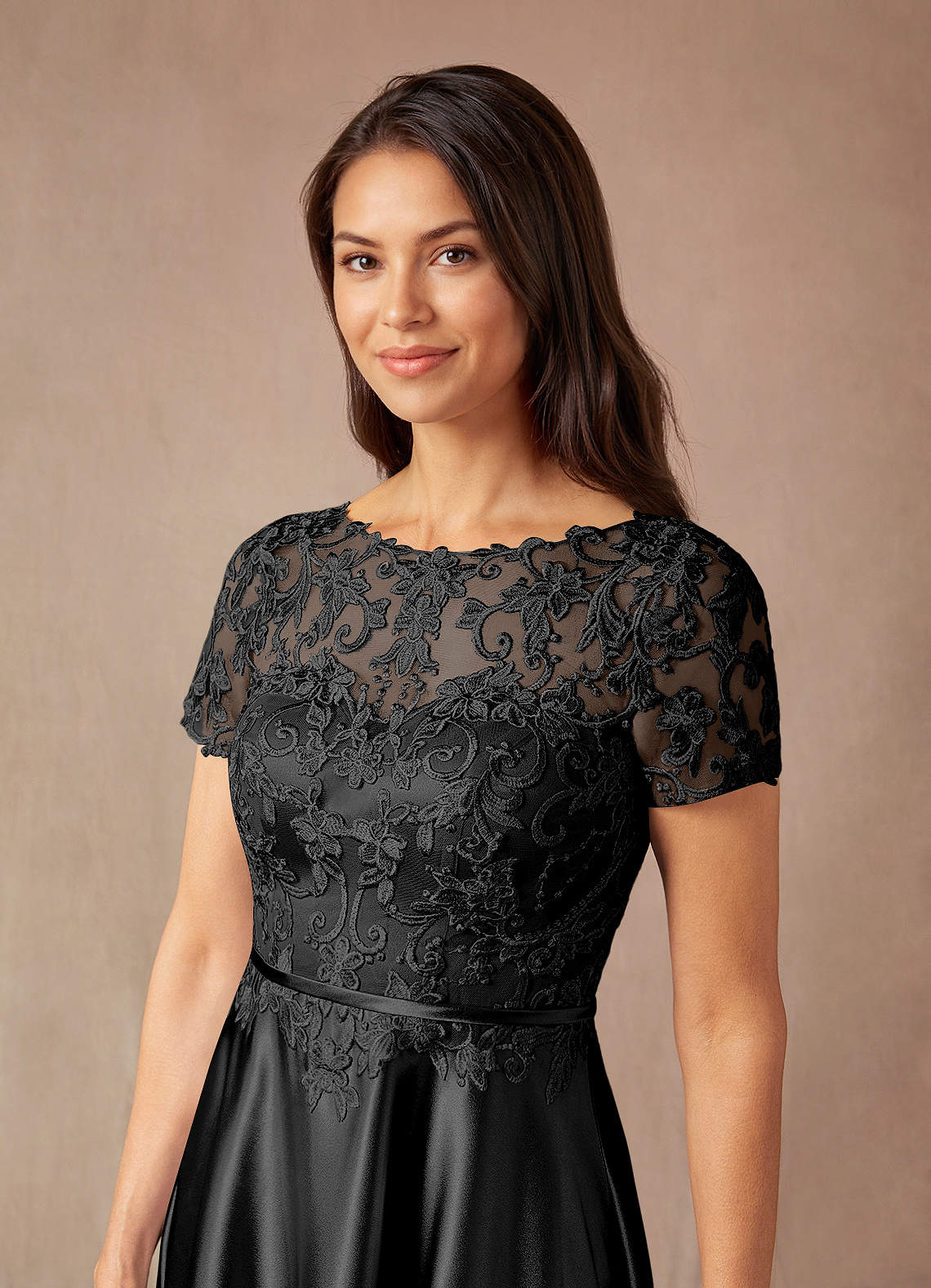Azazie Adina Black A-Line Lace Metallic Satin Dress Sample Dress | Azazie